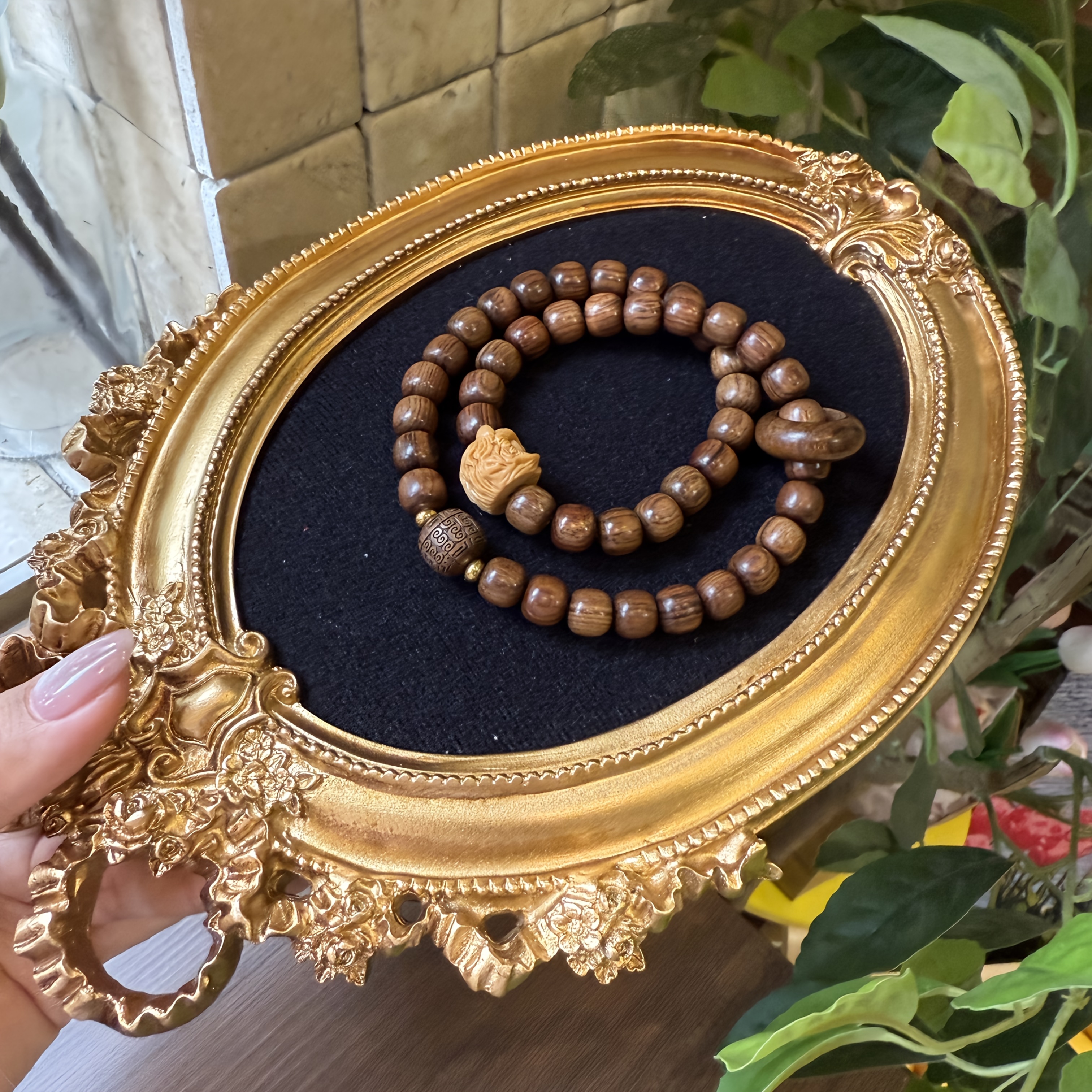 Natural Sandalwood Double Wrap Temple Bracelet with Guardian Lion Charm